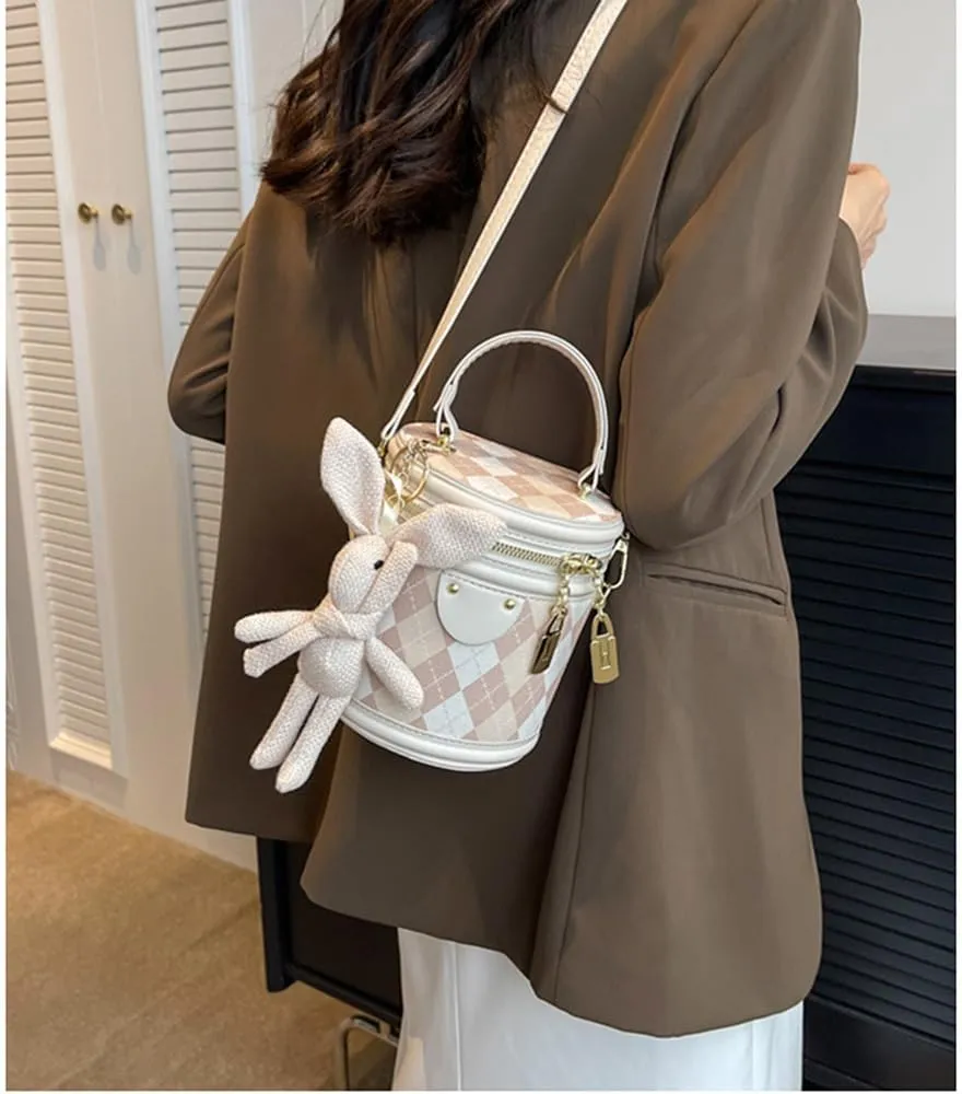 RTGGSEL Quilted Lattice Crossbody Shoulder Bags for Women Small Tote Square Satchel Handbags Purse with Bunny Doll Pendant