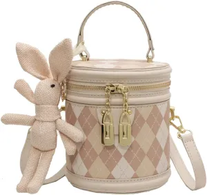 RTGGSEL Quilted Lattice Crossbody Shoulder Bags for Women Small Tote Square Satchel Handbags Purse with Bunny Doll Pendant