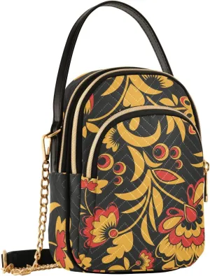 Russian Flowers on Black Small Crossbody Bag Quilted Handbags for Women Chain Shoulder Bag