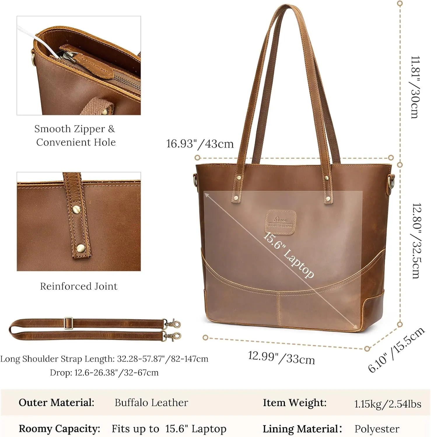 S-ZONE Genuine Leather Tote Bag for Women Large Crossbody Shoulder Work Purses and Handbags
