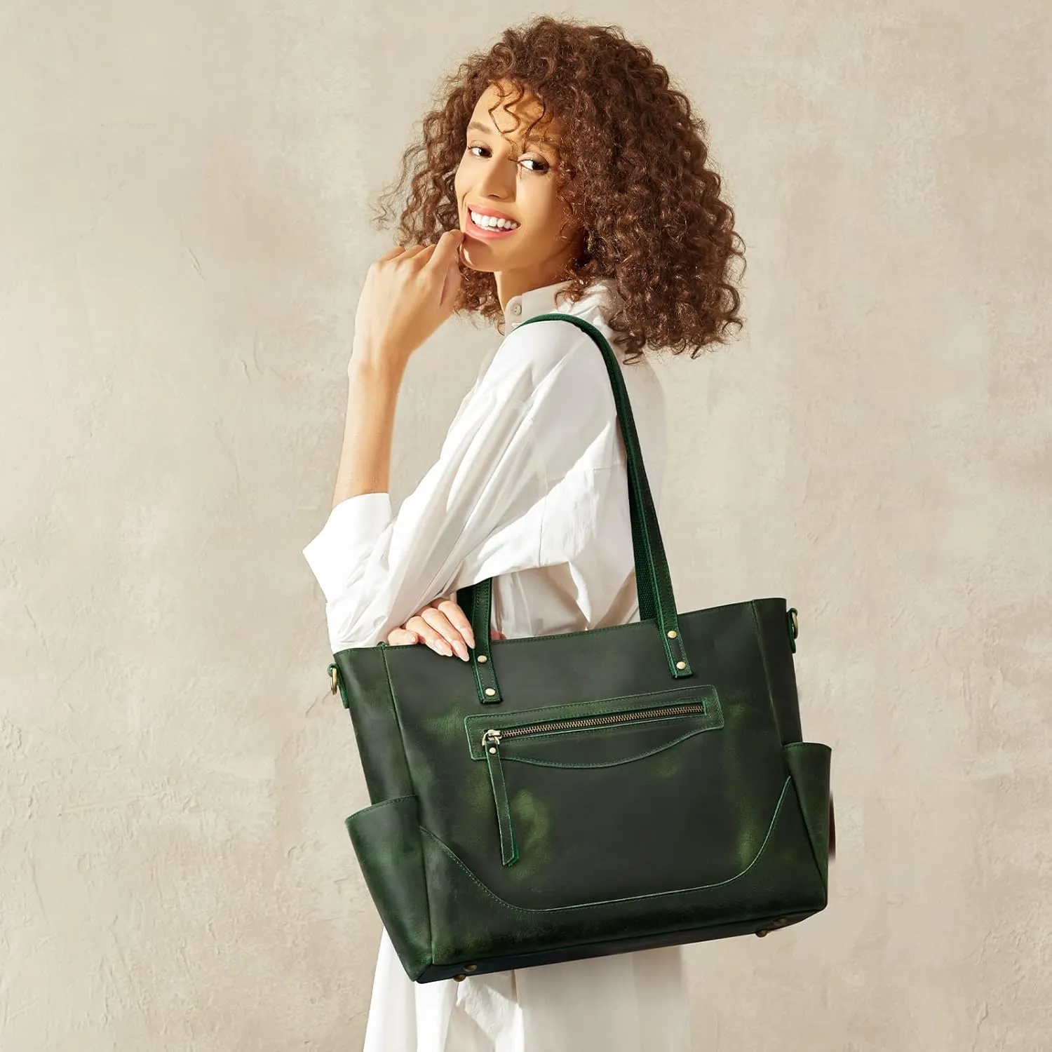 S-ZONE Genuine Leather Tote Bag for Women Large Shoulder Purses Work Handbags with Crossbody Strap Vintage
