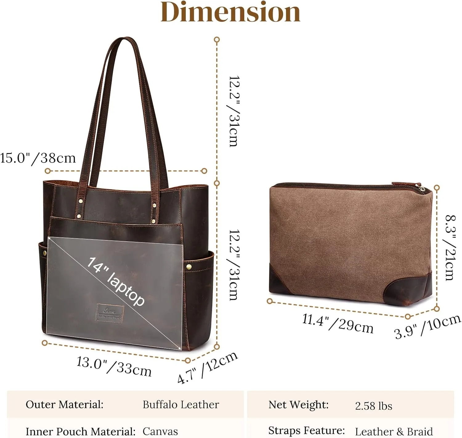 S-ZONE Genuine Leather Tote Bag Large Shoulder Purse Work Vintage Handbag for Women