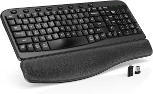 SABLUTE Wireless Keyboard, 2.4GHz USB Computer Key Board with Cushioned Wrist Rest, Ergonomic Wave Keyboards for Windows, Mac, Chrome, PC, Laptop, Black Full Size - Teclado Inalámbrico