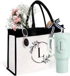 SANDJEST Stainless Steel Tumbler 40oz with Handle Initial K and Canvas Tote Bag