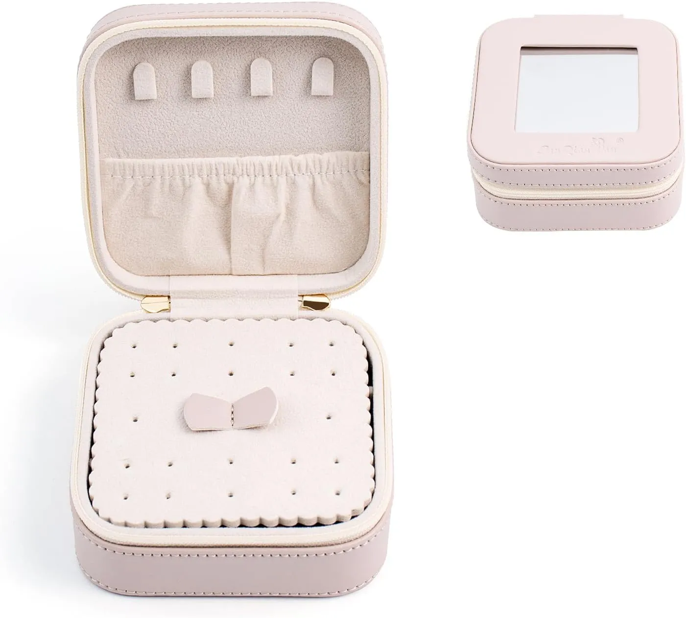 SANQIANWAN Small Travel Jewelry Case for Women Mini Jewelry Box with Mirror Jewelry Storage Holder Organizer Gift for Girls (Apricot)