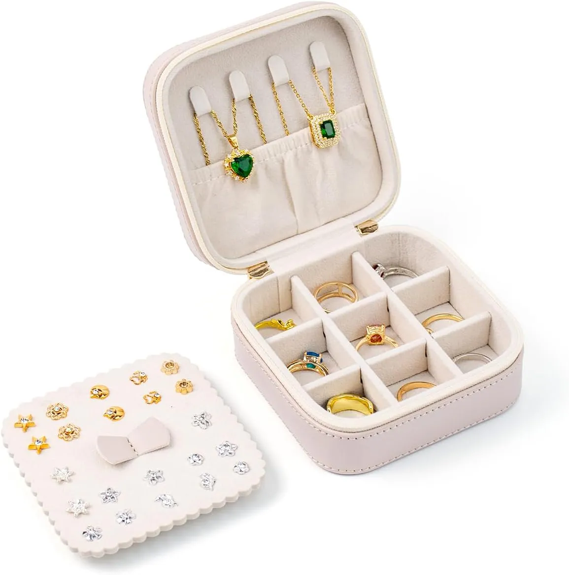 SANQIANWAN Small Travel Jewelry Case for Women Mini Jewelry Box with Mirror Jewelry Storage Holder Organizer Gift for Girls (Apricot)