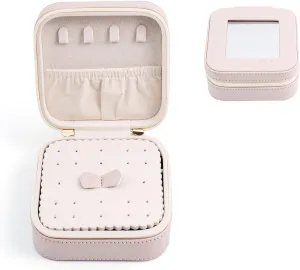 SANQIANWAN Small Travel Jewelry Case for Women Mini Jewelry Box with Mirror Jewelry Storage Holder Organizer Gift for Girls (Apricot)
