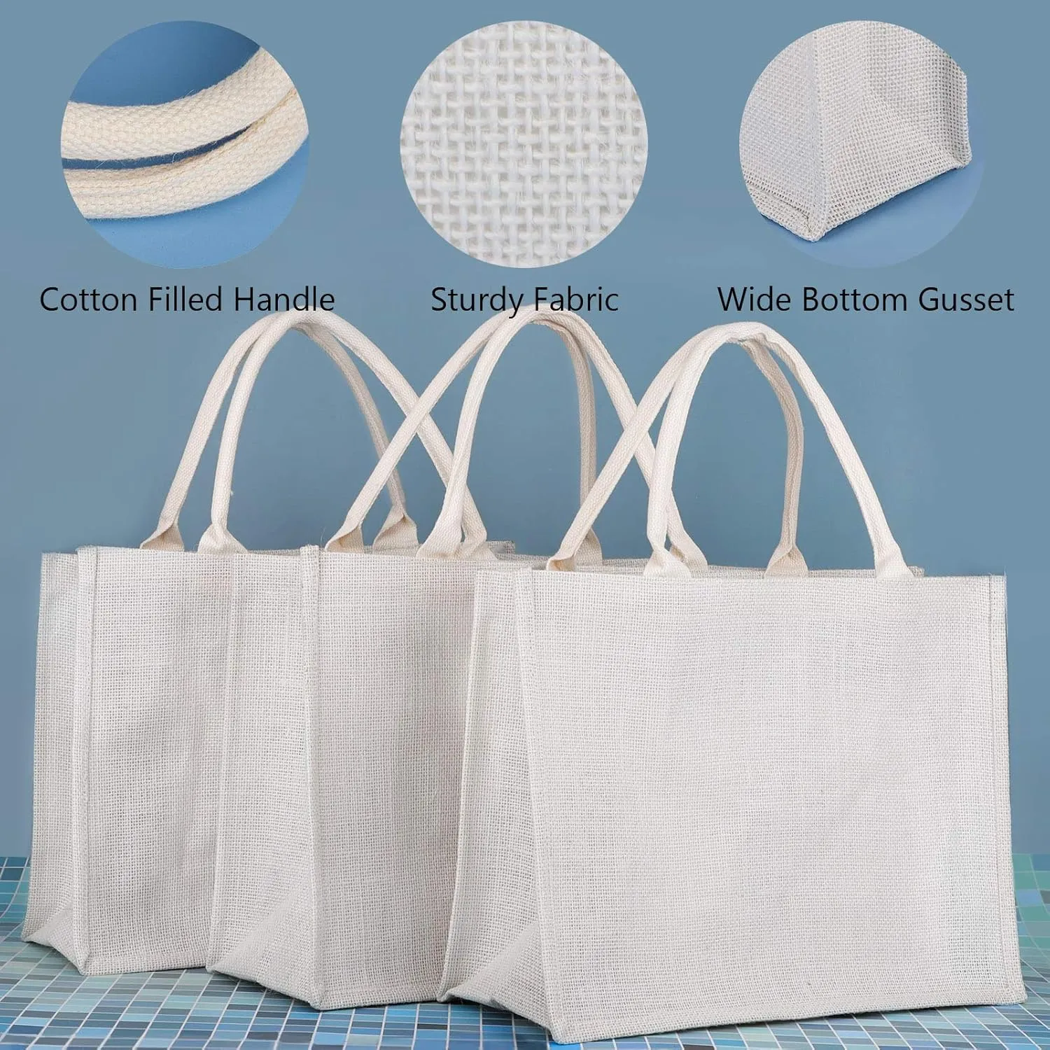 Segarty Tote Bags, 6 Pack Large White Burlap Jute Reusable Canvas Gift Favors Bag with Handles Blank Tote Bulk for Bridesmaid Wedding, Women Market Grocery Shopping, Bachelorette Party, Beach Trip