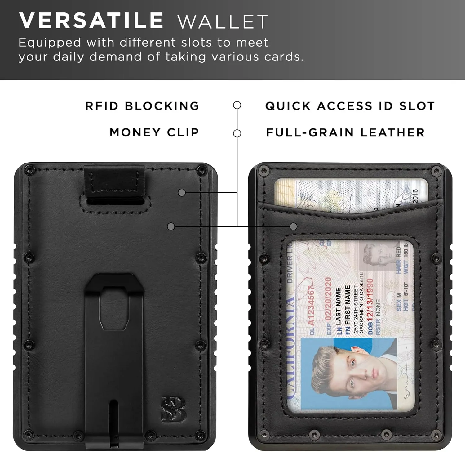 SERMAN BRANDS Slim RFID Blocking Wallet with Money Clip - Metal Minimalist Front Pocket Wallet - Thin and Compact – Full Grain Leather Card Holder for Men