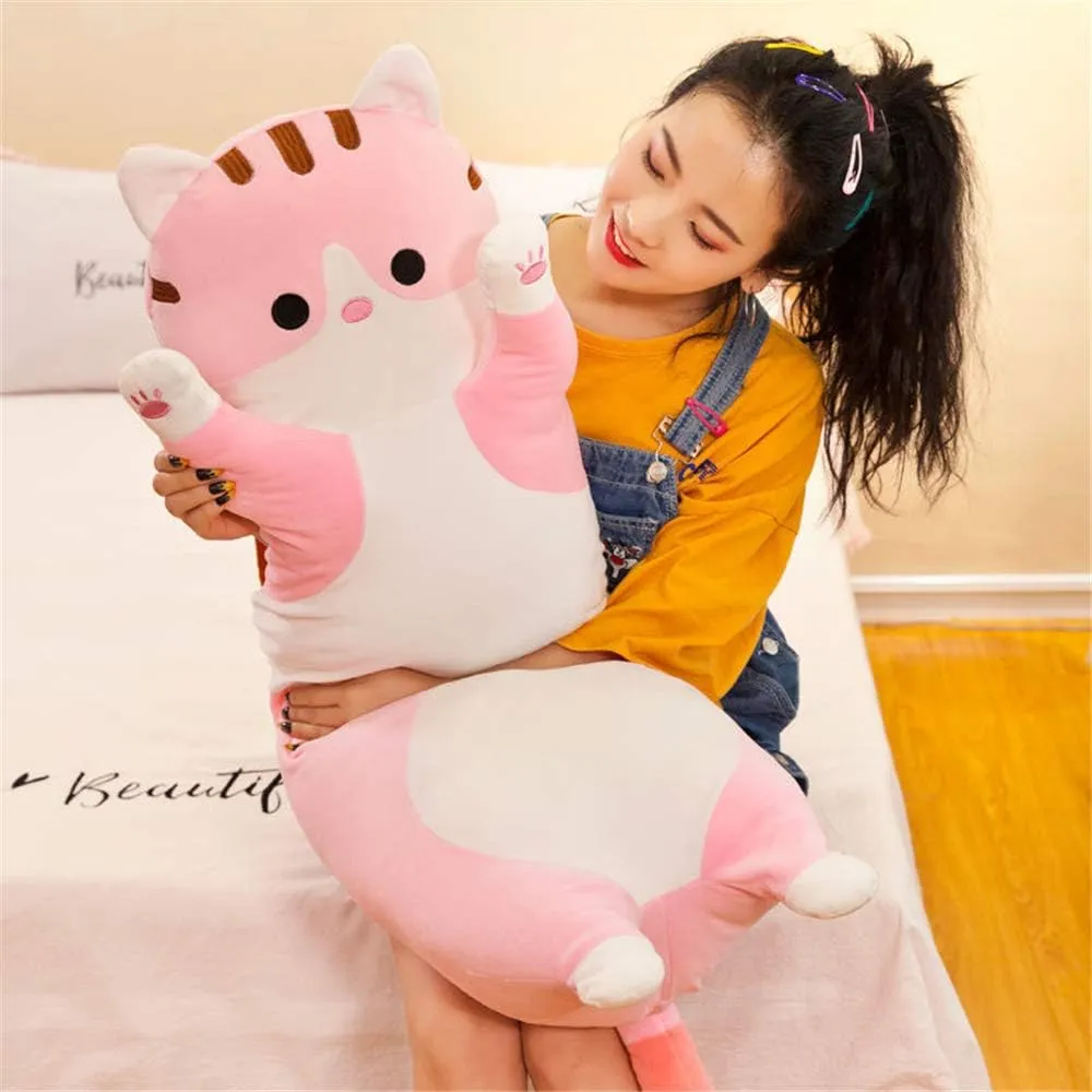shangman Lovely Plush Cat Doll Cute Cartoon Soft Stuffed Kitten Pillow Long Throw Sleeping Pillow Doll Toy Gift for Kids Girlfriend Multiple Size (Pink,150cm/59in)