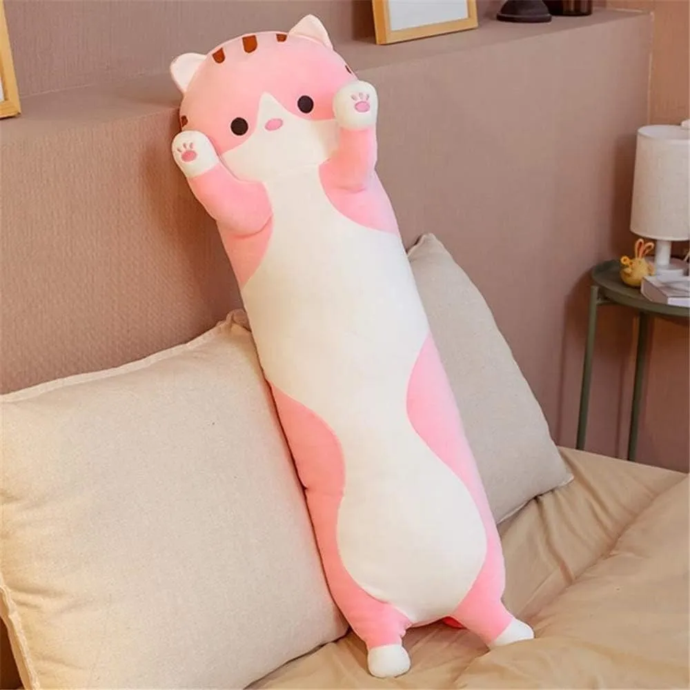 shangman Lovely Plush Cat Doll Cute Cartoon Soft Stuffed Kitten Pillow Long Throw Sleeping Pillow Doll Toy Gift for Kids Girlfriend Multiple Size (Pink,150cm/59in)
