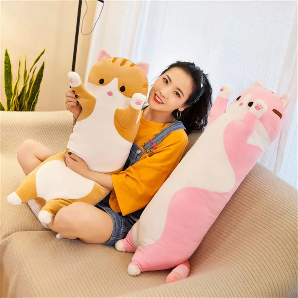 shangman Lovely Plush Cat Doll Cute Cartoon Soft Stuffed Kitten Pillow Long Throw Sleeping Pillow Doll Toy Gift for Kids Girlfriend Multiple Size (Pink,150cm/59in)