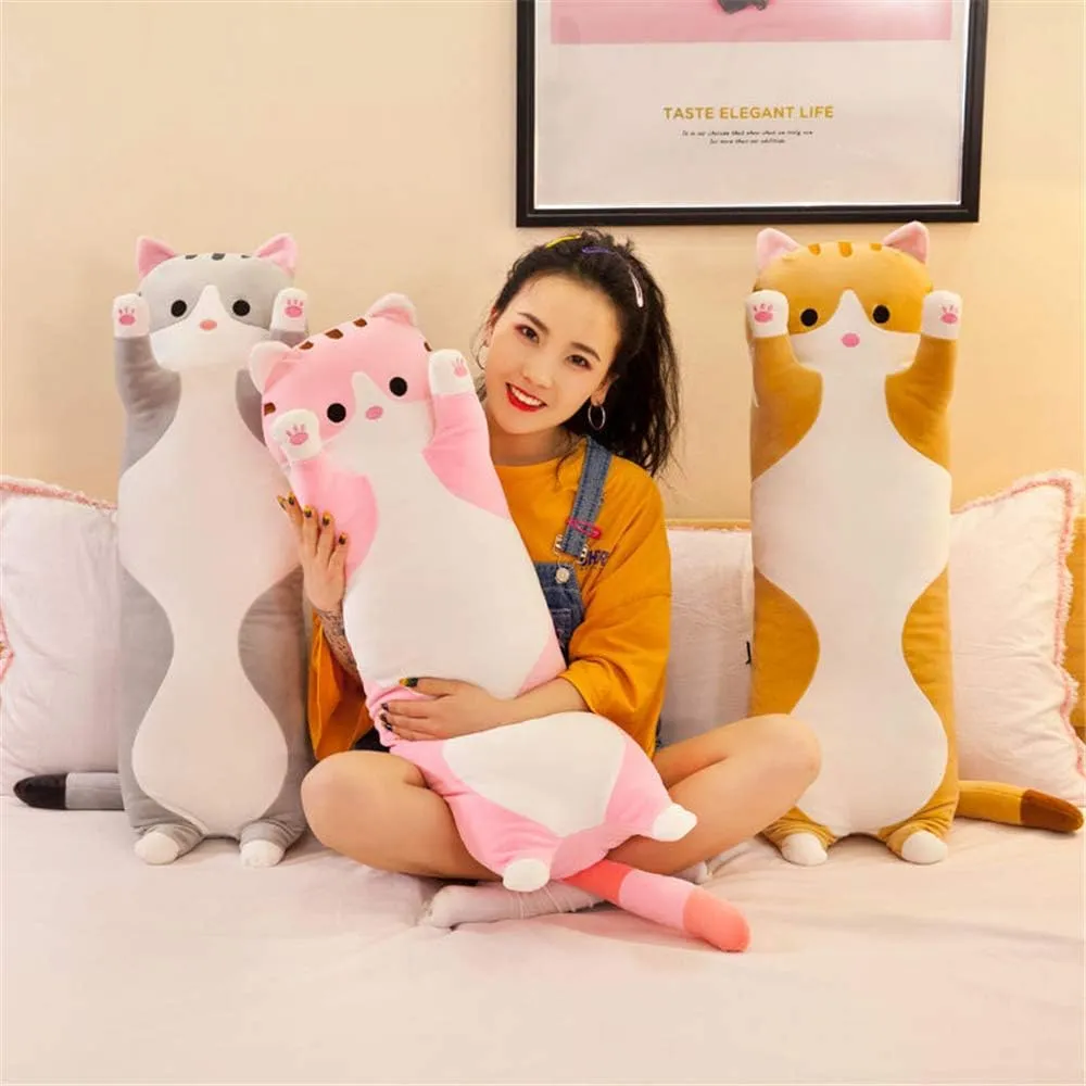 shangman Lovely Plush Cat Doll Cute Cartoon Soft Stuffed Kitten Pillow Long Throw Sleeping Pillow Doll Toy Gift for Kids Girlfriend Multiple Size (Pink,150cm/59in)