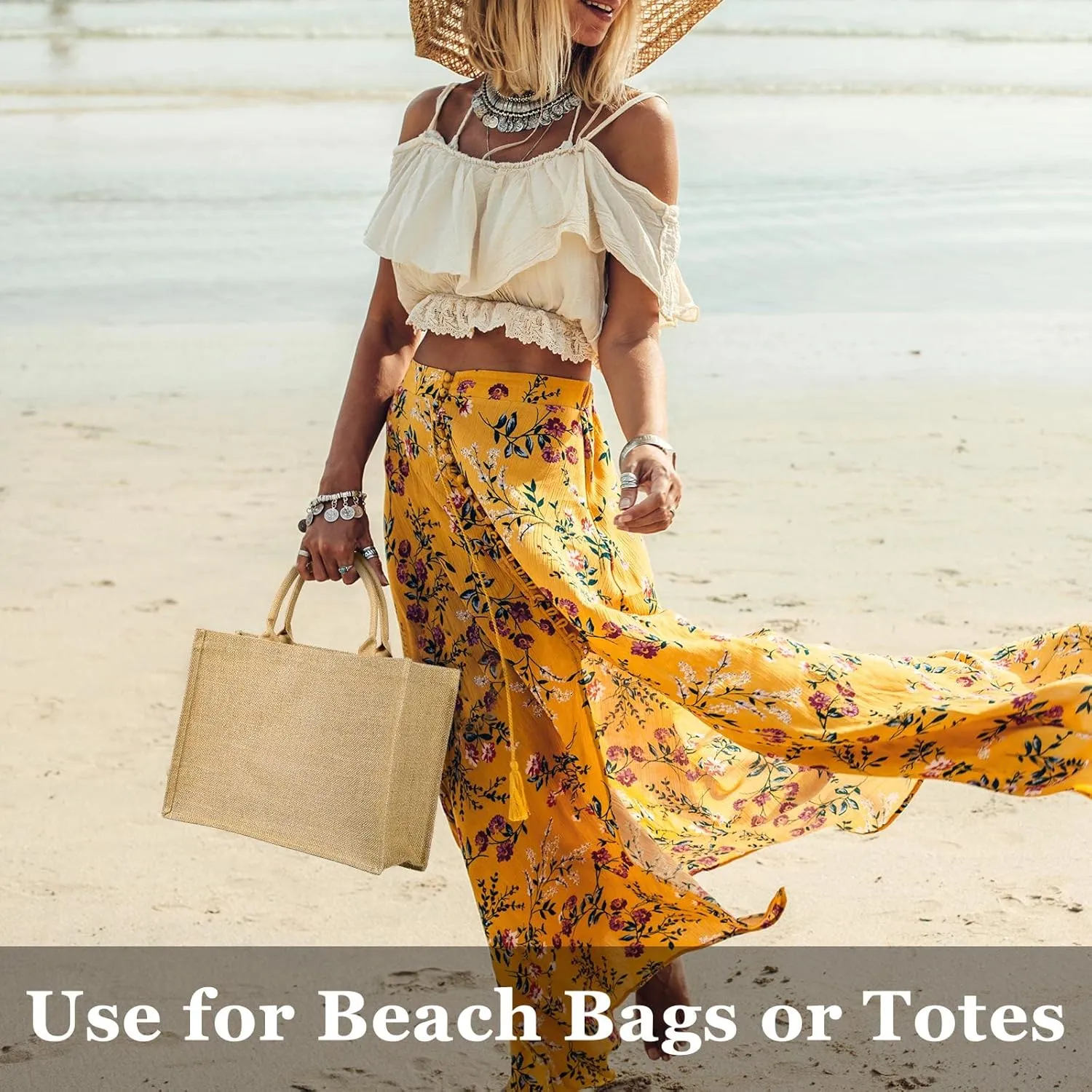 Shappy Burlap Tote Bags with Handles, Jute Grocery Bags with Laminated Interior for Wedding, 15.8 x 11.8 x 5.9