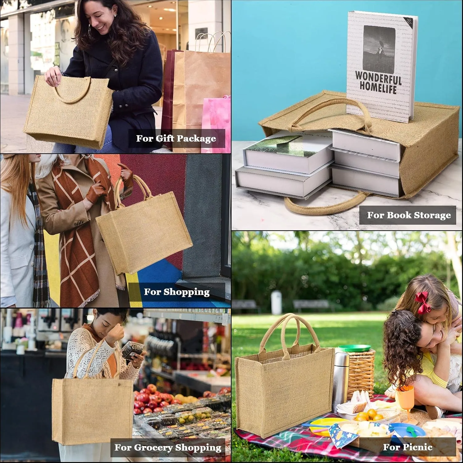 Shappy Burlap Tote Bags with Handles, Jute Grocery Bags with Laminated Interior for Wedding, 15.8 x 11.8 x 5.9
