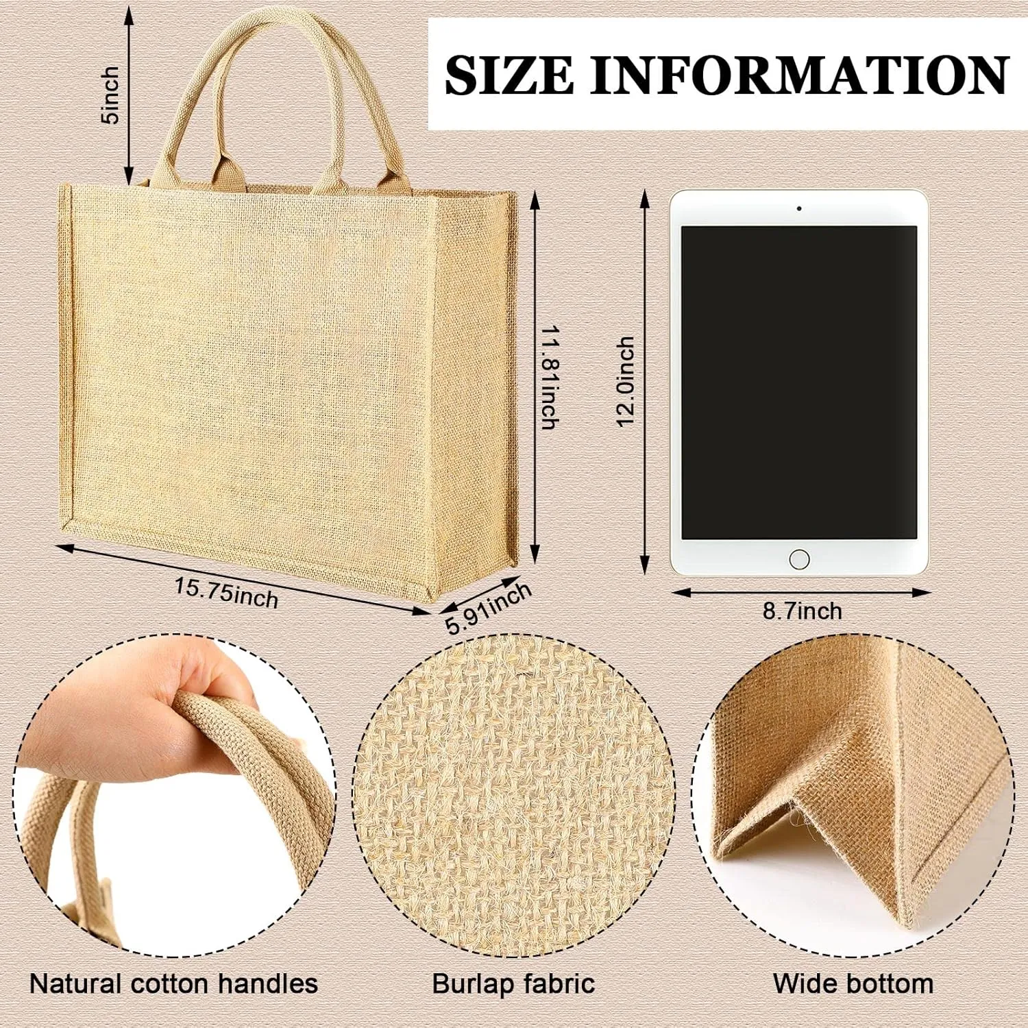 Shappy Burlap Tote Bags with Handles, Jute Grocery Bags with Laminated Interior for Wedding, 15.8 x 11.8 x 5.9
