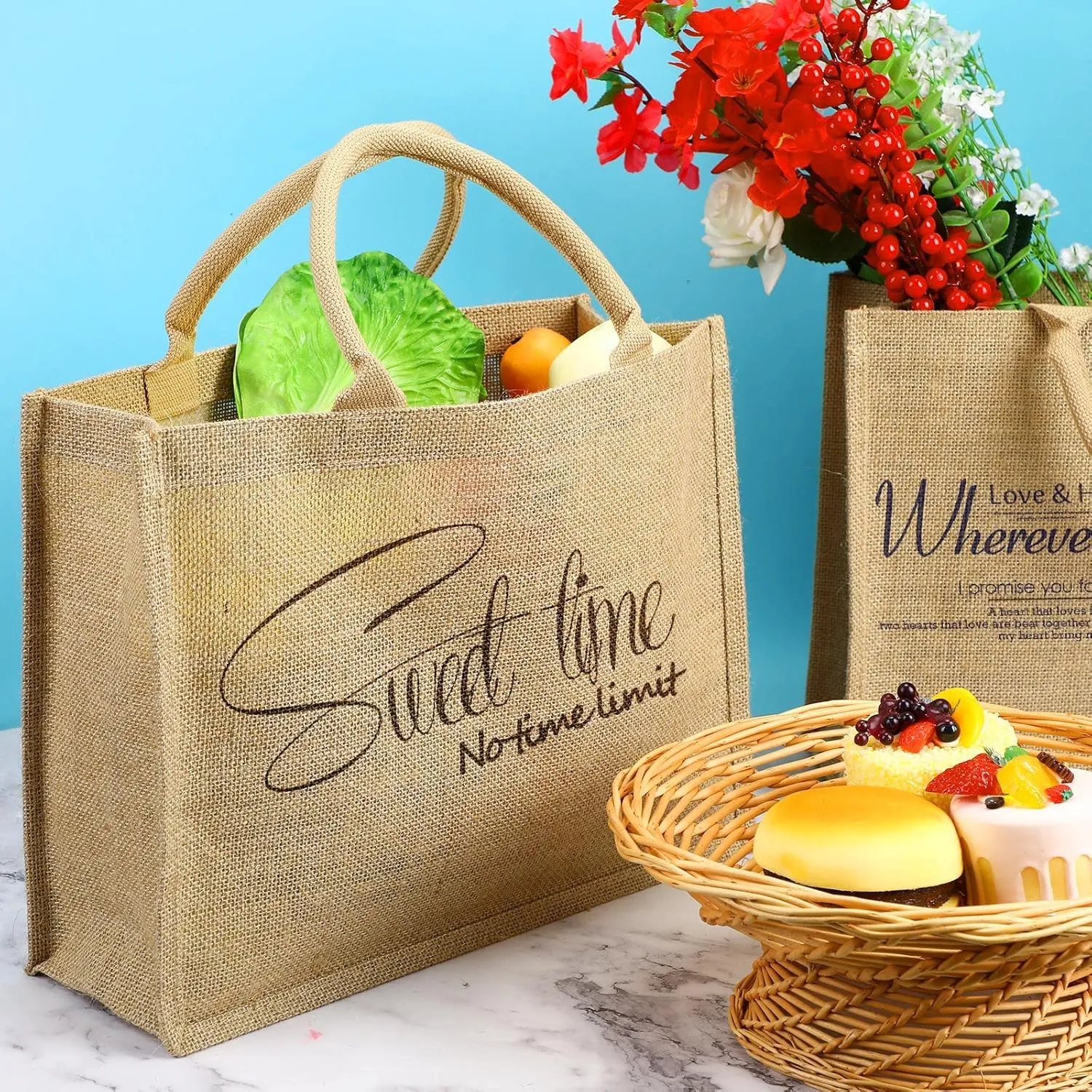 Shappy Burlap Tote Bags with Handles, Jute Grocery Bags with Laminated Interior for Wedding, 15.8 x 11.8 x 5.9