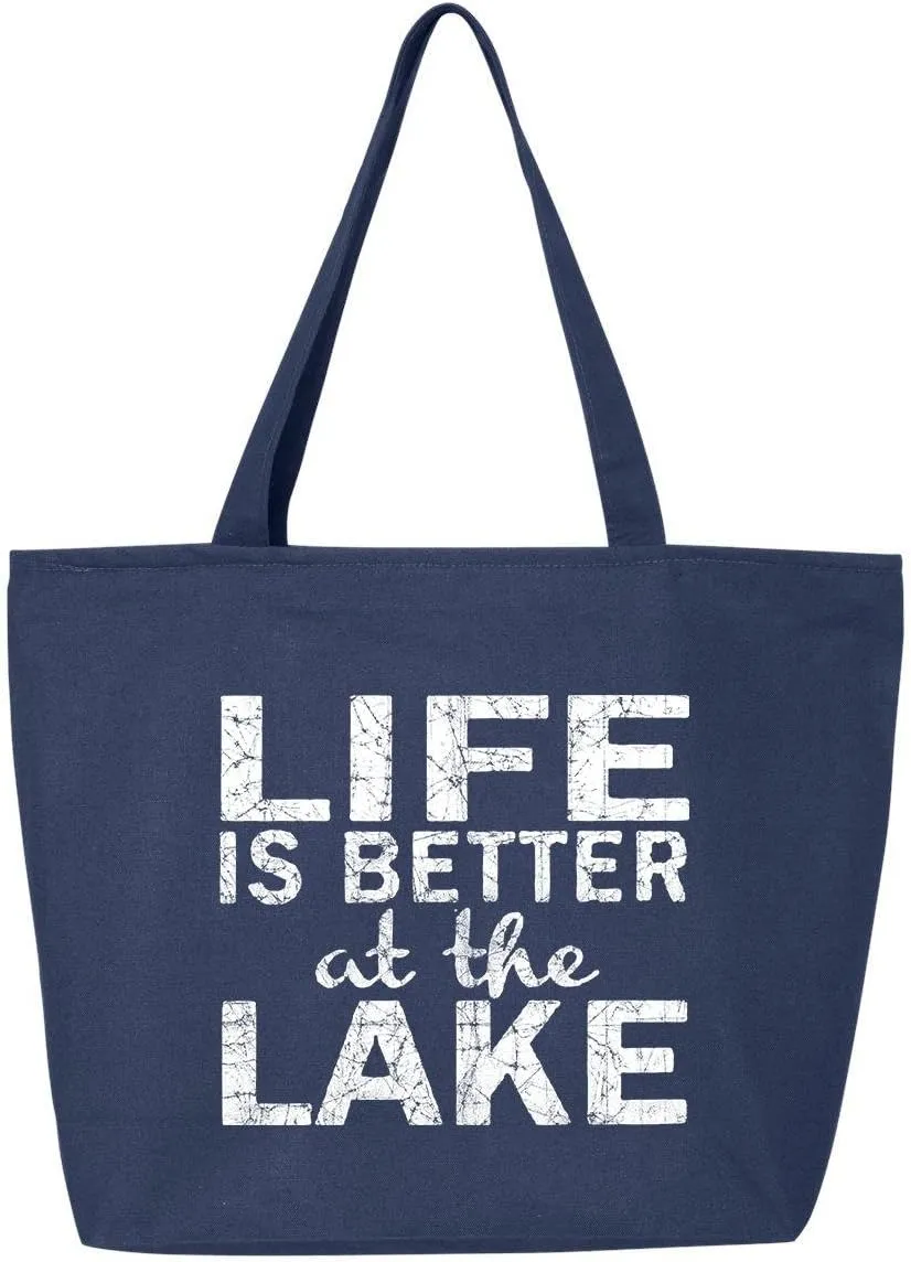 shop4ever Life is Better at the Lake Heavy Canvas Tote with Zipper Sayings Reusable Shopping Bag Zip