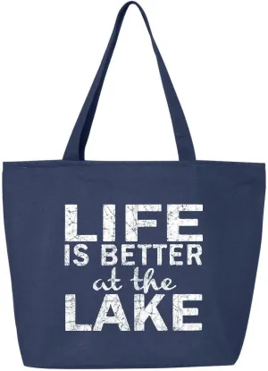 shop4ever Life is Better at the Lake Heavy Canvas Tote with Zipper Sayings Reusable Shopping Bag Zip