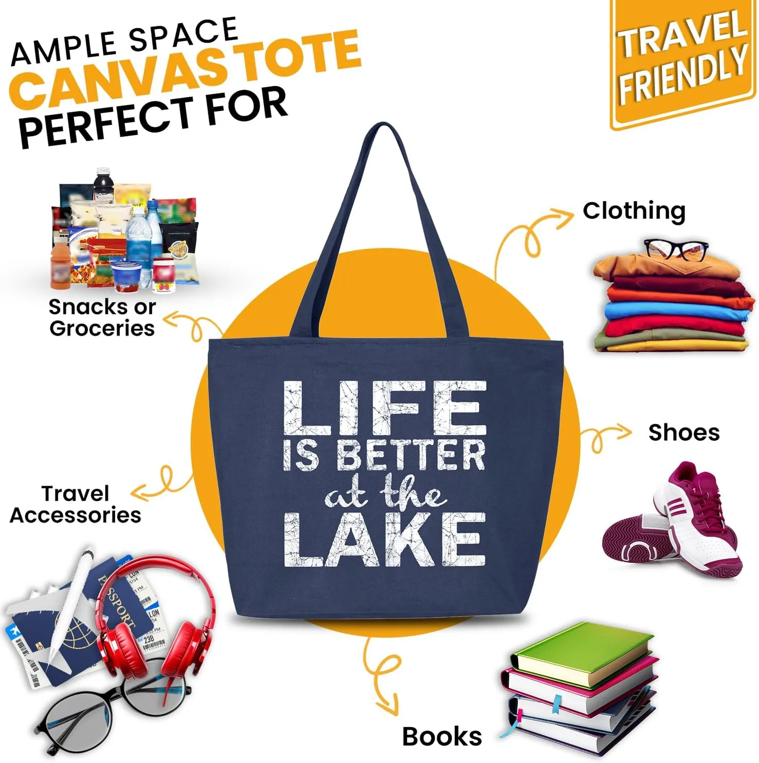 shop4ever Life is Better at the Lake Heavy Canvas Tote with Zipper Sayings Reusable Shopping Bag Zip
