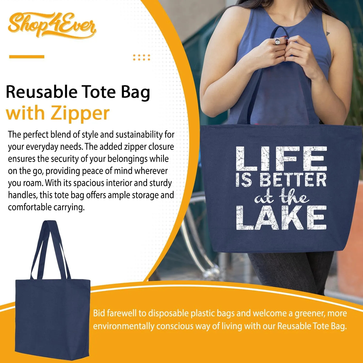 shop4ever Life is Better at the Lake Heavy Canvas Tote with Zipper Sayings Reusable Shopping Bag Zip