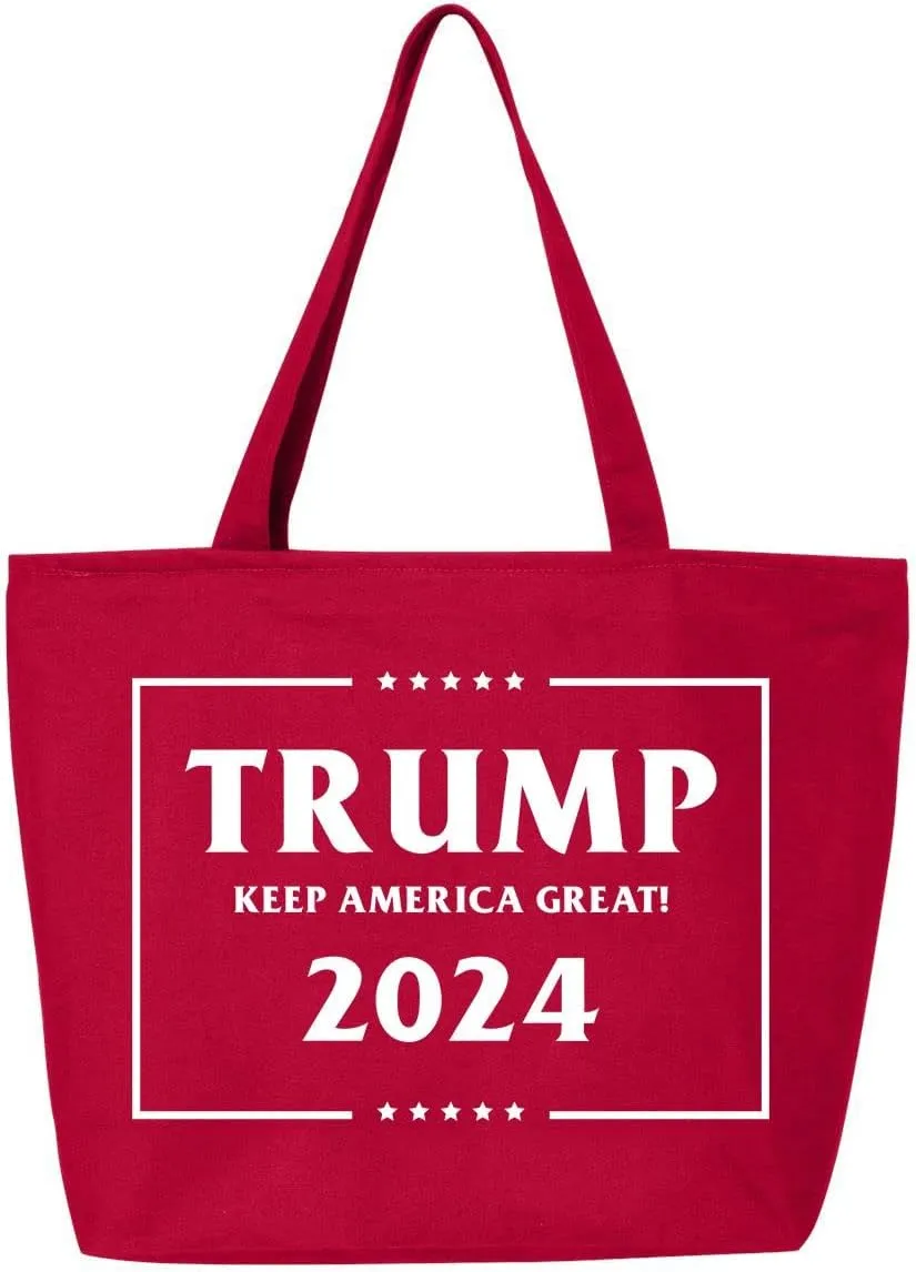 shop4ever Trump Keep America Great 2024 45th US President Heavy Canvas Tote with Zipper Reusable Shopping Bag