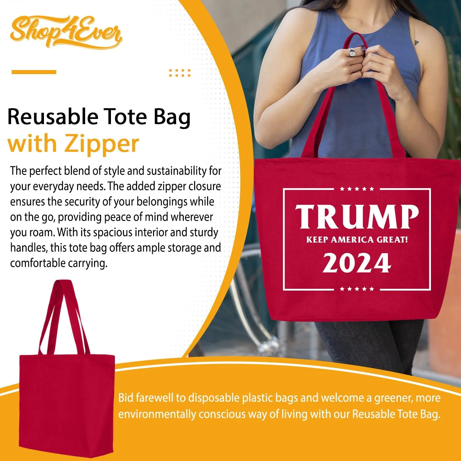 shop4ever Trump Keep America Great 2024 45th US President Heavy Canvas Tote with Zipper Reusable Shopping Bag
