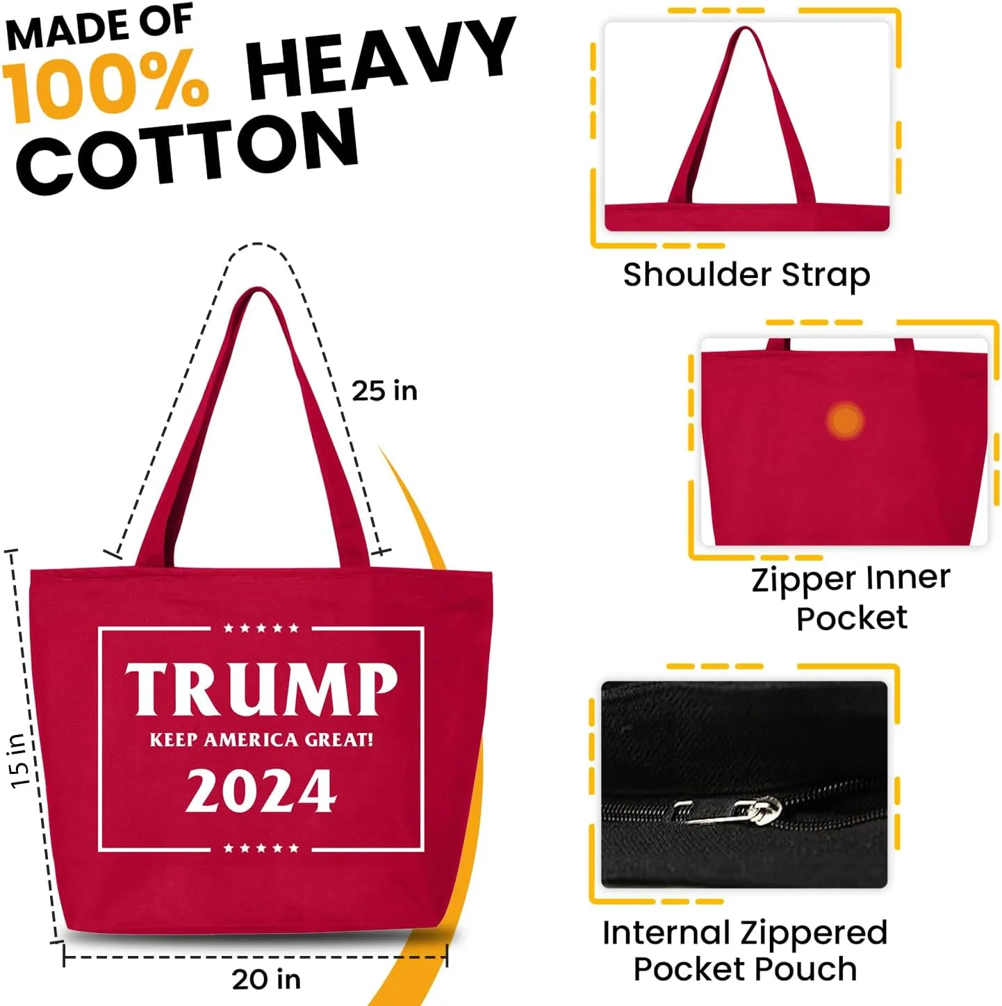 shop4ever Trump Keep America Great 2024 45th US President Heavy Canvas Tote with Zipper Reusable Shopping Bag