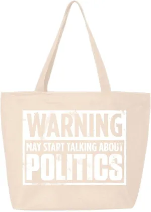 shop4ever Warning May Start Talking About Politics Heavy Canvas Tote with Zipper Reusable Shopping Bag Funny Sarcastic Gift