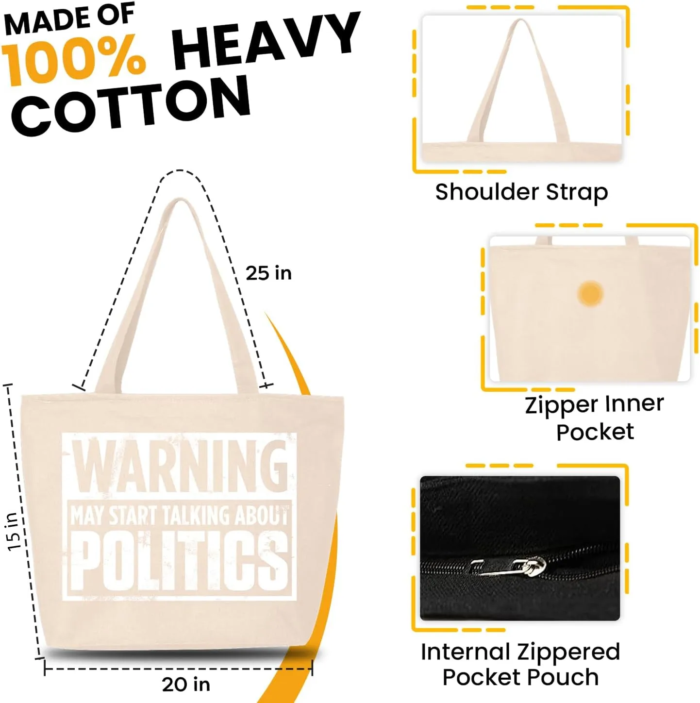 shop4ever Warning May Start Talking About Politics Heavy Canvas Tote with Zipper Reusable Shopping Bag Funny Sarcastic Gift