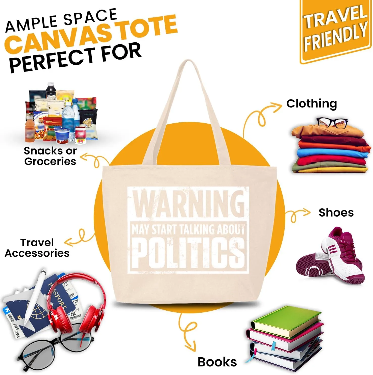 shop4ever Warning May Start Talking About Politics Heavy Canvas Tote with Zipper Reusable Shopping Bag Funny Sarcastic Gift