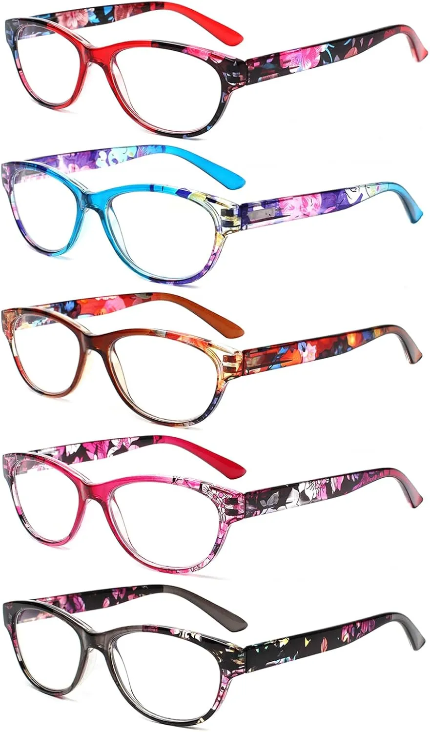 SIGVAN Ladies Cat Eye Reading Glasses 5 Pairs Blue Light Blocking Spring Hinge Fashion Pattern Print Readers for Women