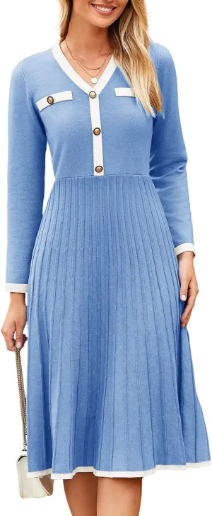 Simplee Women Long Sleeve Sweater Dress Ribbed Knit Formal Work Midi Dresses