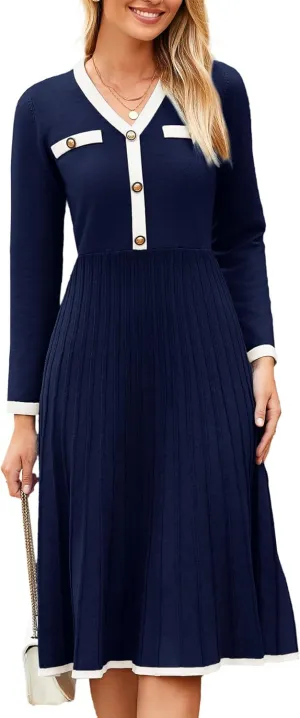 Simplee Women Long Sleeve Sweater Dress Ribbed Knit Formal Work Midi Dresses
