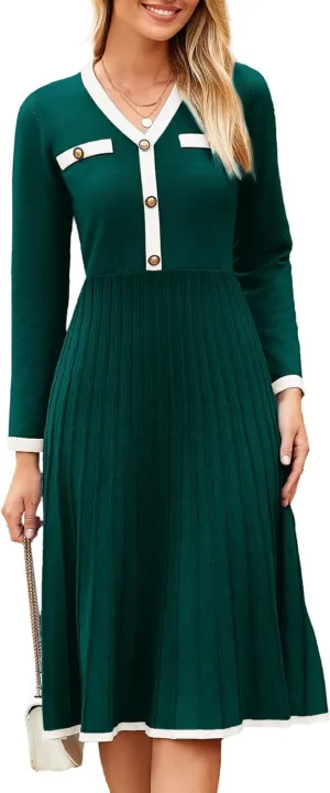 Simplee Women Long Sleeve Sweater Dress Ribbed Knit Formal Work Midi Dresses