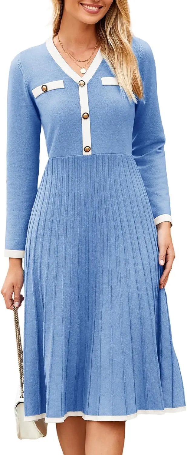 Simplee Women Long Sleeve Sweater Dress Ribbed Knit Formal Work Midi Dresses