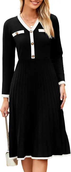 Simplee Women Long Sleeve Sweater Dress Ribbed Knit Formal Work Midi Dresses