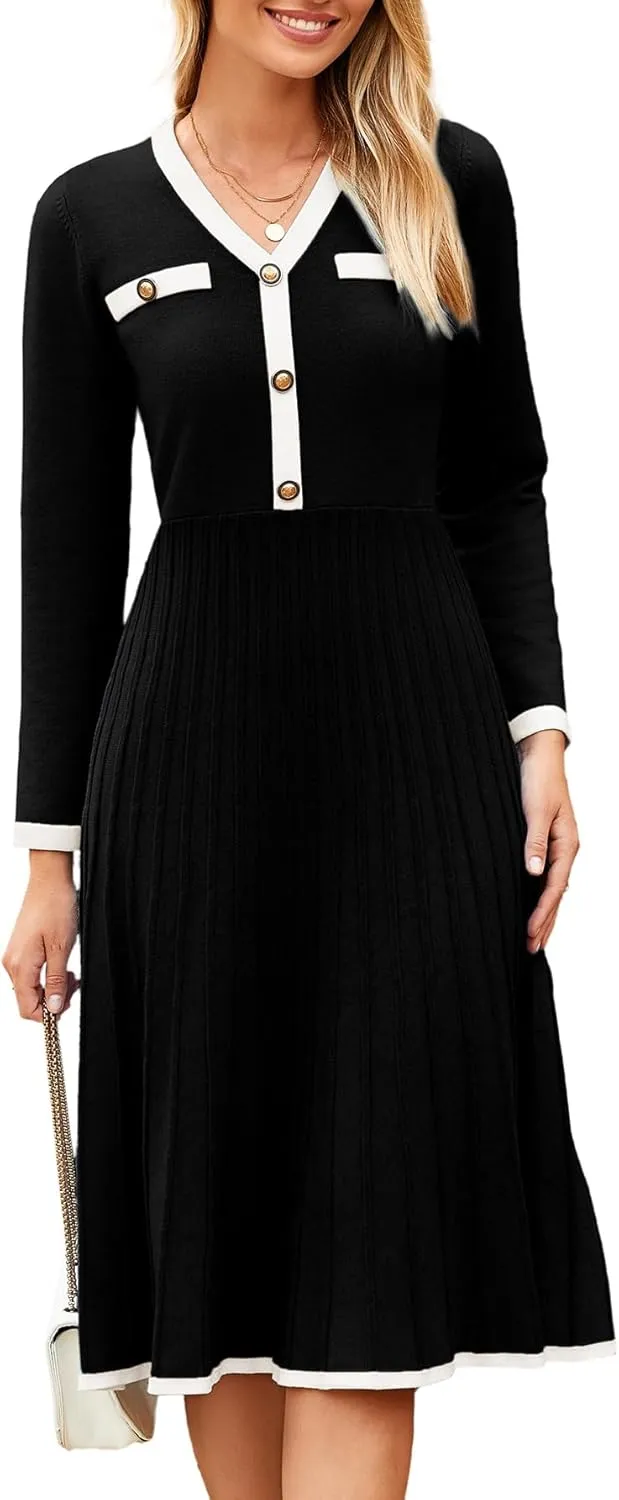 Simplee Women Long Sleeve Sweater Dress Ribbed Knit Formal Work Midi Dresses