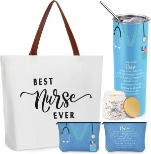 Skylety 4 Pcs Nurse Week Gift for Women 20oz Tumbler Tote Bag Makeup Bag Lavender Scented Candle for Nursing School Graduation Appreciation Thank You Gift for CNA Rn LPN LVN Practitioner(Blue)
