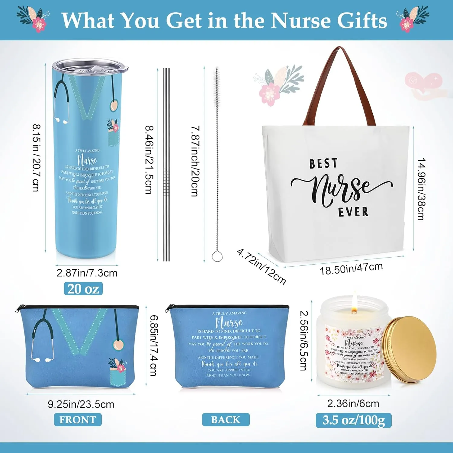 Skylety 4 Pcs Nurse Week Gift for Women 20oz Tumbler Tote Bag Makeup Bag Lavender Scented Candle for Nursing School Graduation Appreciation Thank You Gift for CNA Rn LPN LVN Practitioner(Blue)
