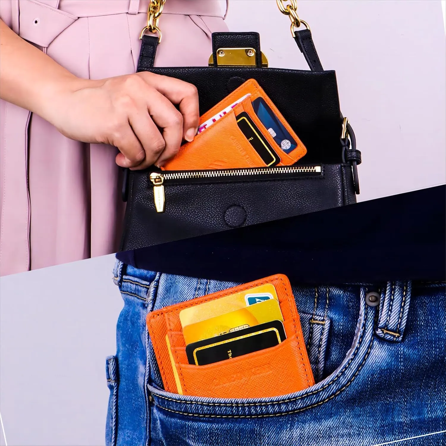 Slim Minimalist Wallet, Front Pocket Wallet, Credit Card Wallet Rfid Blocking,Small Leather Credit Card Holder For Men & Women (Cross Orange)