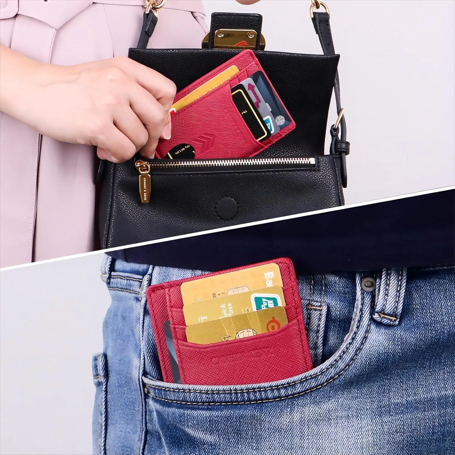 Slim Wallet for Women, Credit Card Holder Leather Minimalist Front Pocket RFID Blocking Wallet for Men Women (Cross Burgundy)
