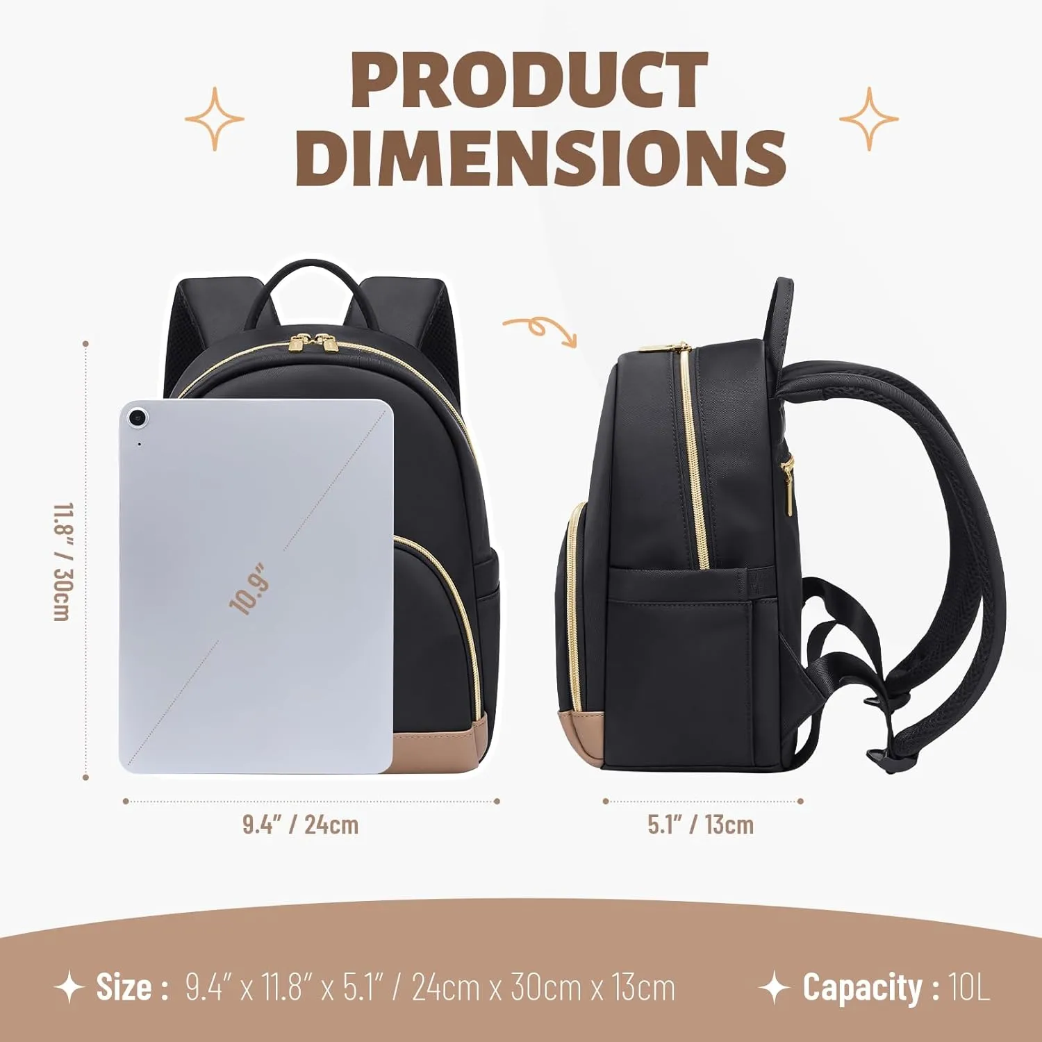 Small Backpack for Women Waterproof Stylish Mini Backpack Daypack Purses Cute Bookbag for Casual College Travel Daily,fit 10.9Inch iPad,Black