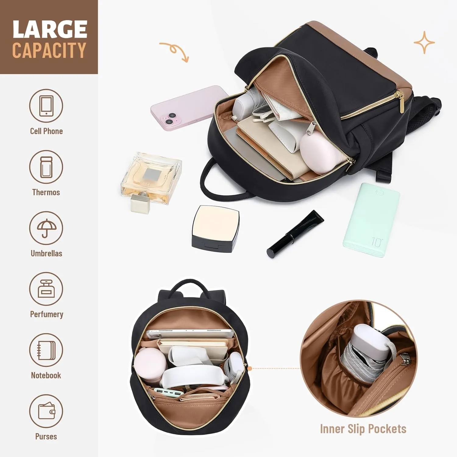 Small Backpack for Women Waterproof Stylish Mini Backpack Daypack Purses Cute Bookbag for Casual College Travel Daily,fit 10.9Inch iPad,Black