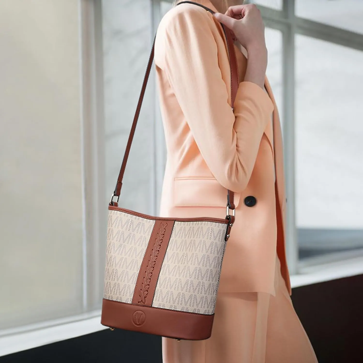Small Bucket Bag Purses for Women Vegan Leather Crossbody Shoulder Monogram Handbags with Adjustable Strap