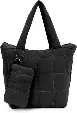 Small Quilted Puffer Tote Bag for Women Lightweight Nylon Puffy Handbags with a Mini Purse