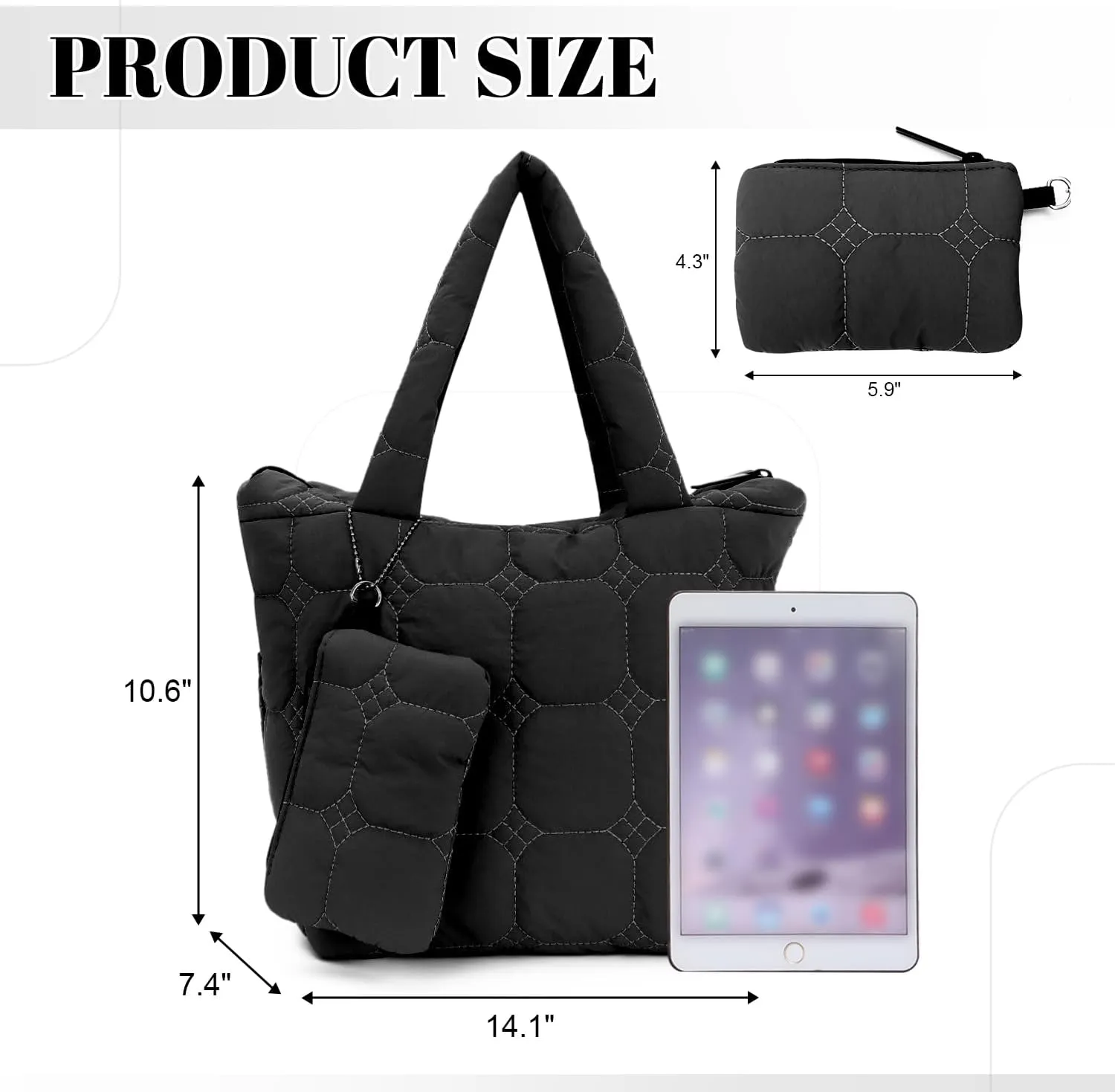 Small Quilted Puffer Tote Bag for Women Lightweight Nylon Puffy Handbags with a Mini Purse