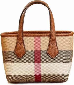 Small Size Luxury Plaid Canvas and Leather Women's Top Handle Tote for Everyday Play Shoulder Bag Mini Satchel
