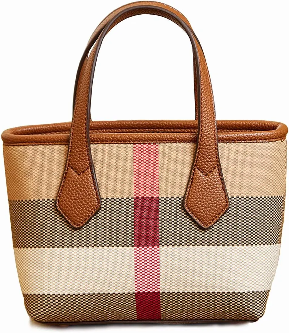 Small Size Luxury Plaid Canvas and Leather Women's Top Handle Tote for Everyday Play Shoulder Bag Mini Satchel