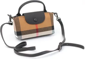 Small Size Luxury Plaid Women's Top Handle Handbag Canvas and Leather Mini Contrasting Colors Satchel